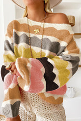 Striped Balloon Sleeve Drop Shoulder Sweater